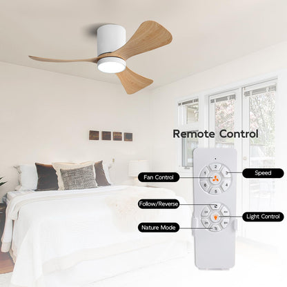 ELEHINSER 42 Inch Low Profile Ceiling Fan with Lights, Modern Flush Mount Ceiling Fan, 3 ABS Blades, 6-Speed, Reversible DC Motor, Noiseless, for Indoor/Outdoor Kitchen Bedroom, White+Wood