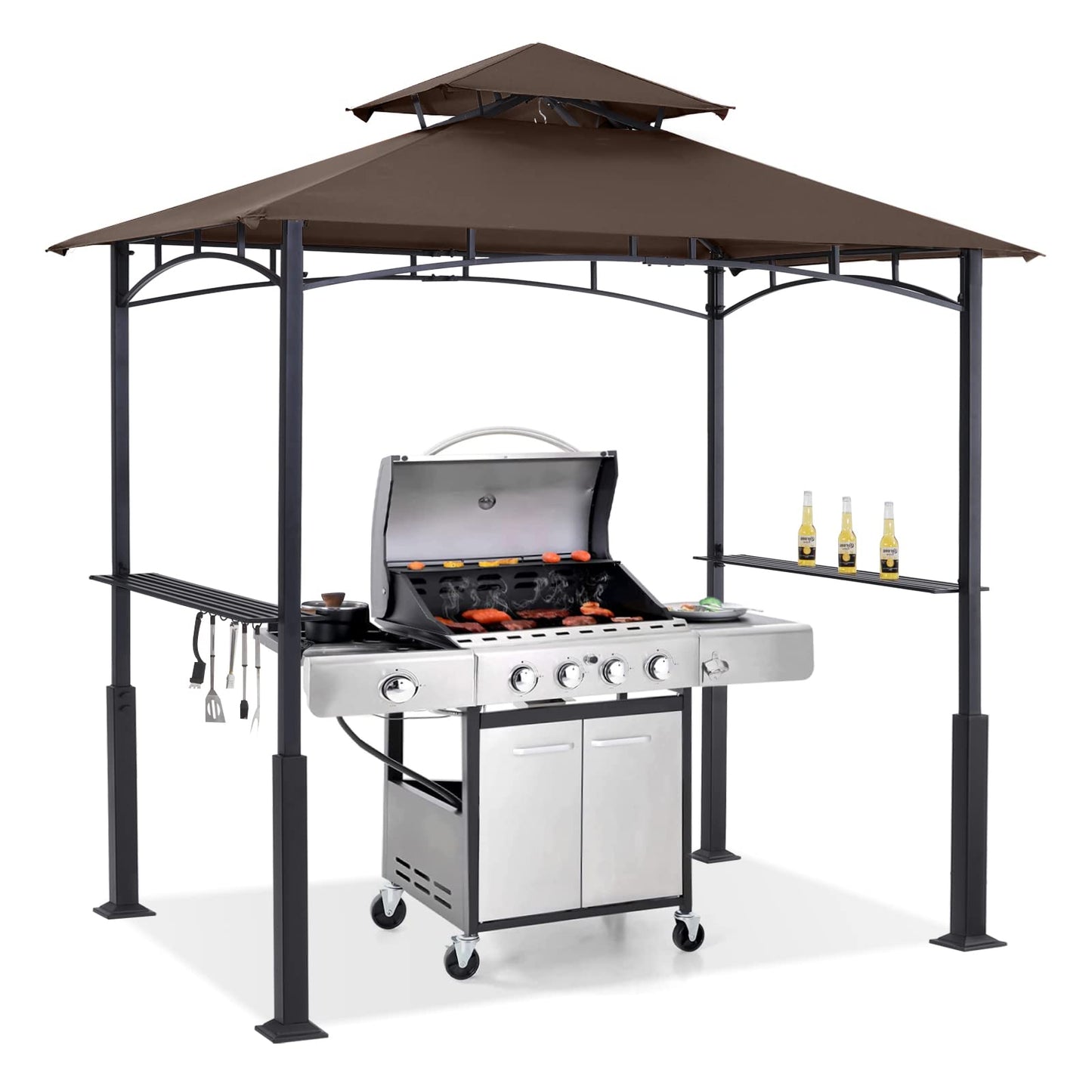 ABCCANOPY 8'x 5' Grill Gazebo Canopy - Outdoor BBQ Gazebo Shelter with LED Light, Patio Canopy Tent for Barbecue and Picnic (Brown)