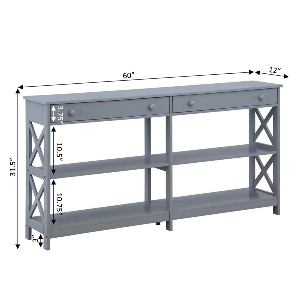 Convenience Concepts Oxford 2-Drawer Console Table with Shelves, 60", Gray Convenience Concepts
