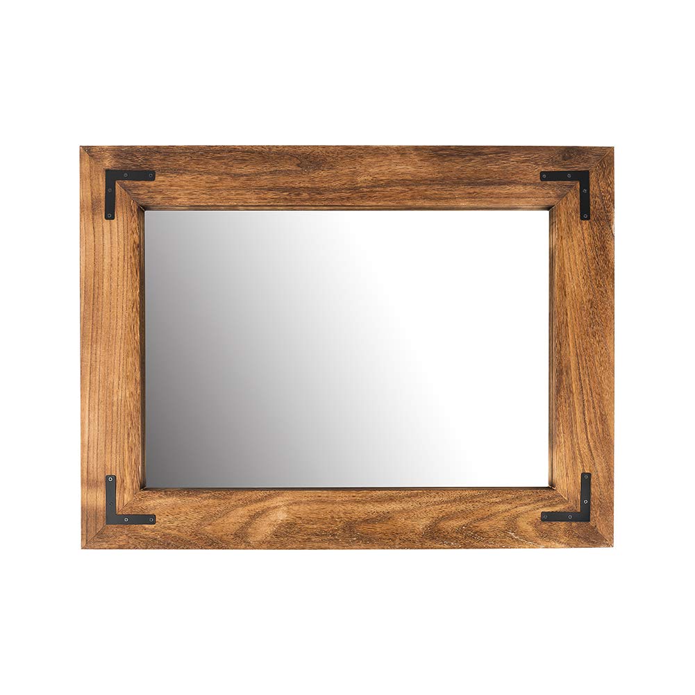 YOSHOOT Rustic Wooden Framed Wall Mirror, Natural Wood Bathroom Vanity Mirror for Farmhouse Decor, Vertical or Horizontal Hanging, 32" x 24", Brown - WoodArtSupply