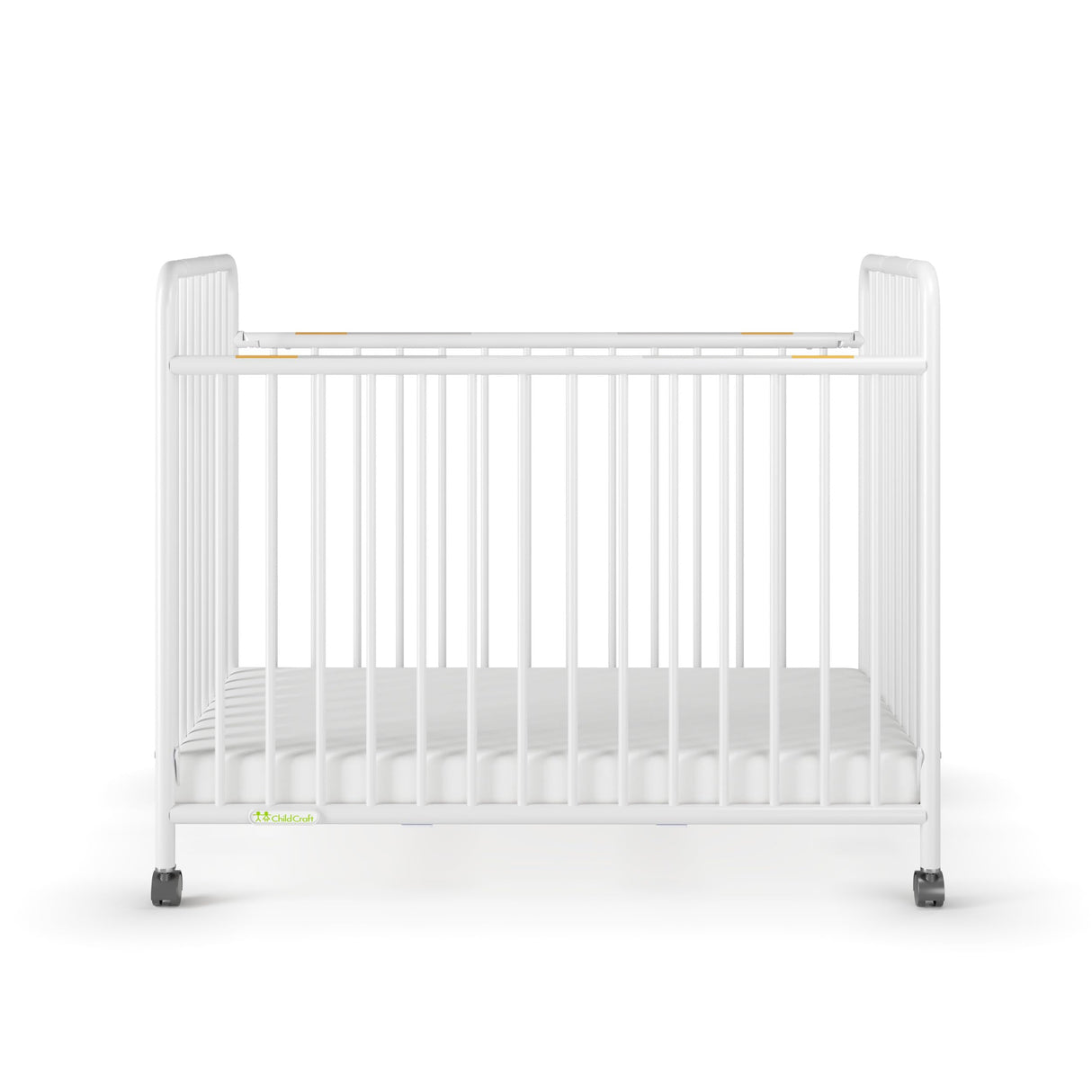 Child Craft Little Dreamer Metal Compact Folding Portable Crib with 2” Crib Mattress and 2 Easy Roll Locking Wheels, Durable Metal Construction, Easy to Clean (White) Child Craft