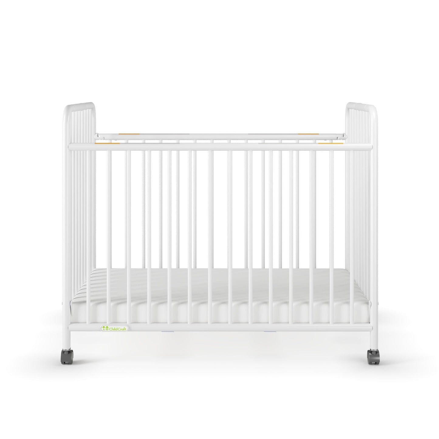 Child Craft Little Dreamer Metal Compact Folding Portable Crib with 2” Crib Mattress and 2 Easy Roll Locking Wheels, Durable Metal Construction, Easy to Clean (White)