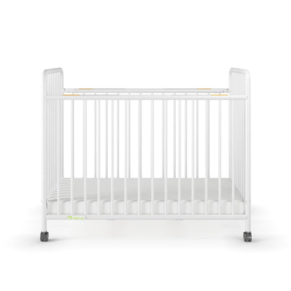 Child Craft Little Dreamer Metal Compact Folding Portable Crib with 2” Crib Mattress and 2 Easy Roll Locking Wheels, Durable Metal Construction, Easy to Clean (White)