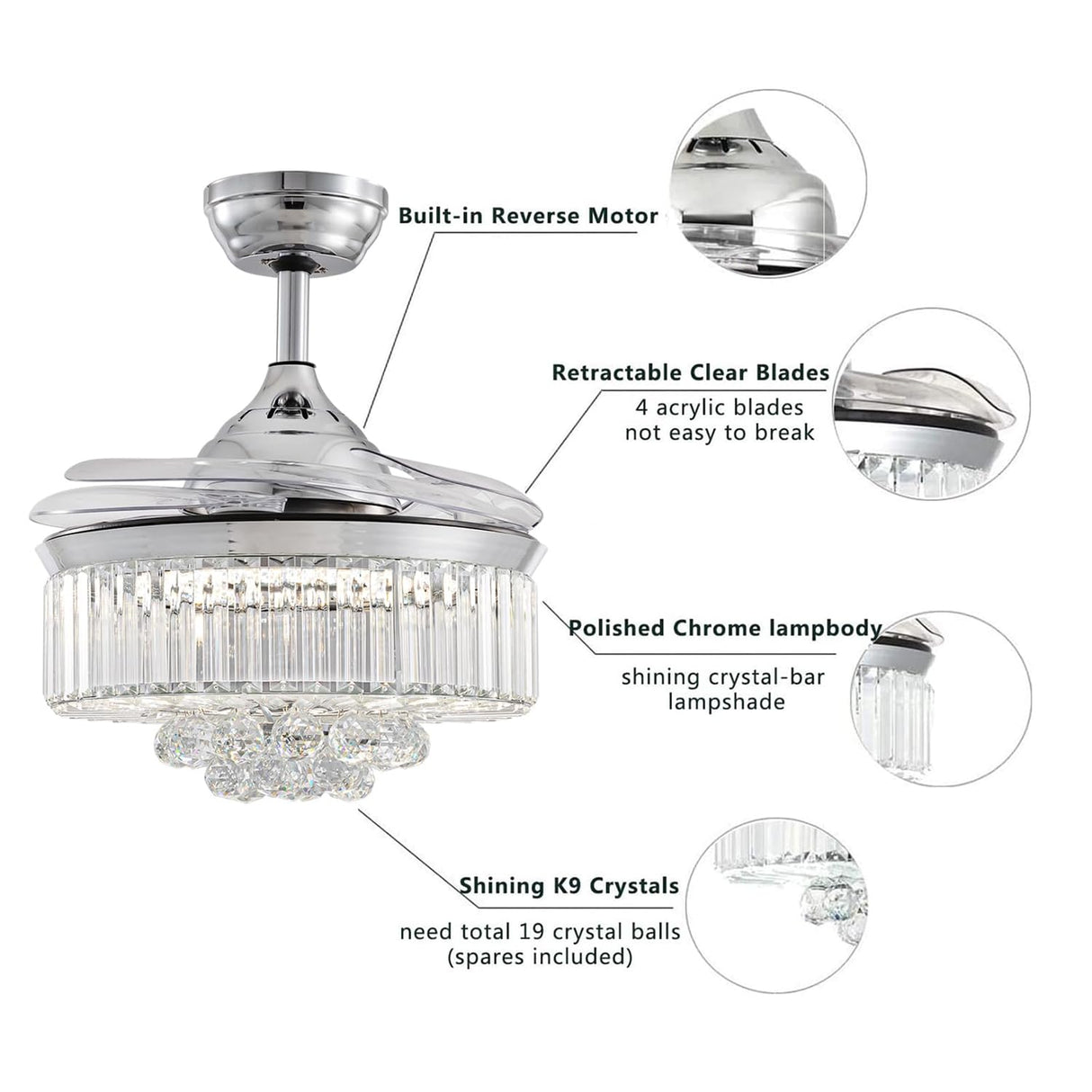 Moooni Dimmable Fandelier Crystal Ceiling Fans with Lights and Remote Modern Invisible Retractable Chandelier Fan LED Ceiling Fan Light Kit -Polished Chrome 36 Inches Moooni