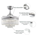 Moooni Dimmable Fandelier Crystal Ceiling Fans with Lights and Remote Modern Invisible Retractable Chandelier Fan LED Ceiling Fan Light Kit -Polished Chrome 36 Inches Moooni