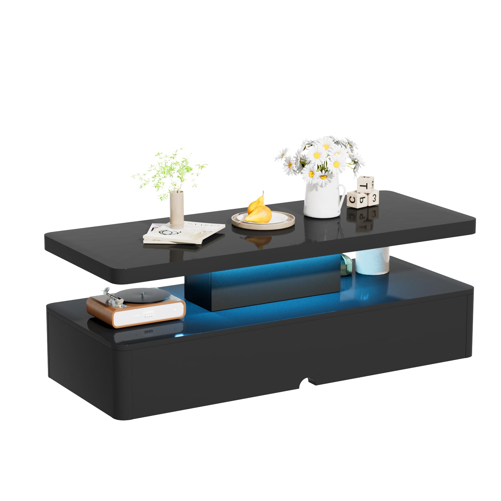 oneinmil Modern Stylish Coffee Table with 16 Colors LED Lights, Double-Layer Design for Living Room, Black - WoodArtSupply