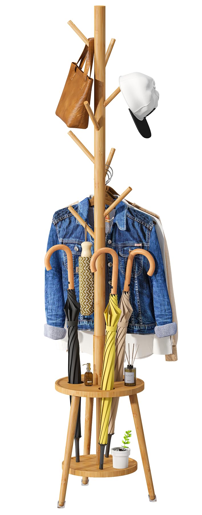 Coat Rack, Bamboo Wood Coat Freestanding with Umbrella Holder, Adjustable Height Coat Stand with 8 Hooks, kids coat rack, Used In The Bedroom Living Room, Office To Hang Clothes, Hats, Bags (Natural) Vriccc