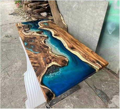Exquisite Ocean Blue Epoxy Resin Dining Table Coffee Table with Rock and Stone Console Table Side/End Table Living Room Coastal Table Bar Counter Table Home Décor (30" Inches Tall, 60 x 36 Inches) TUZECH