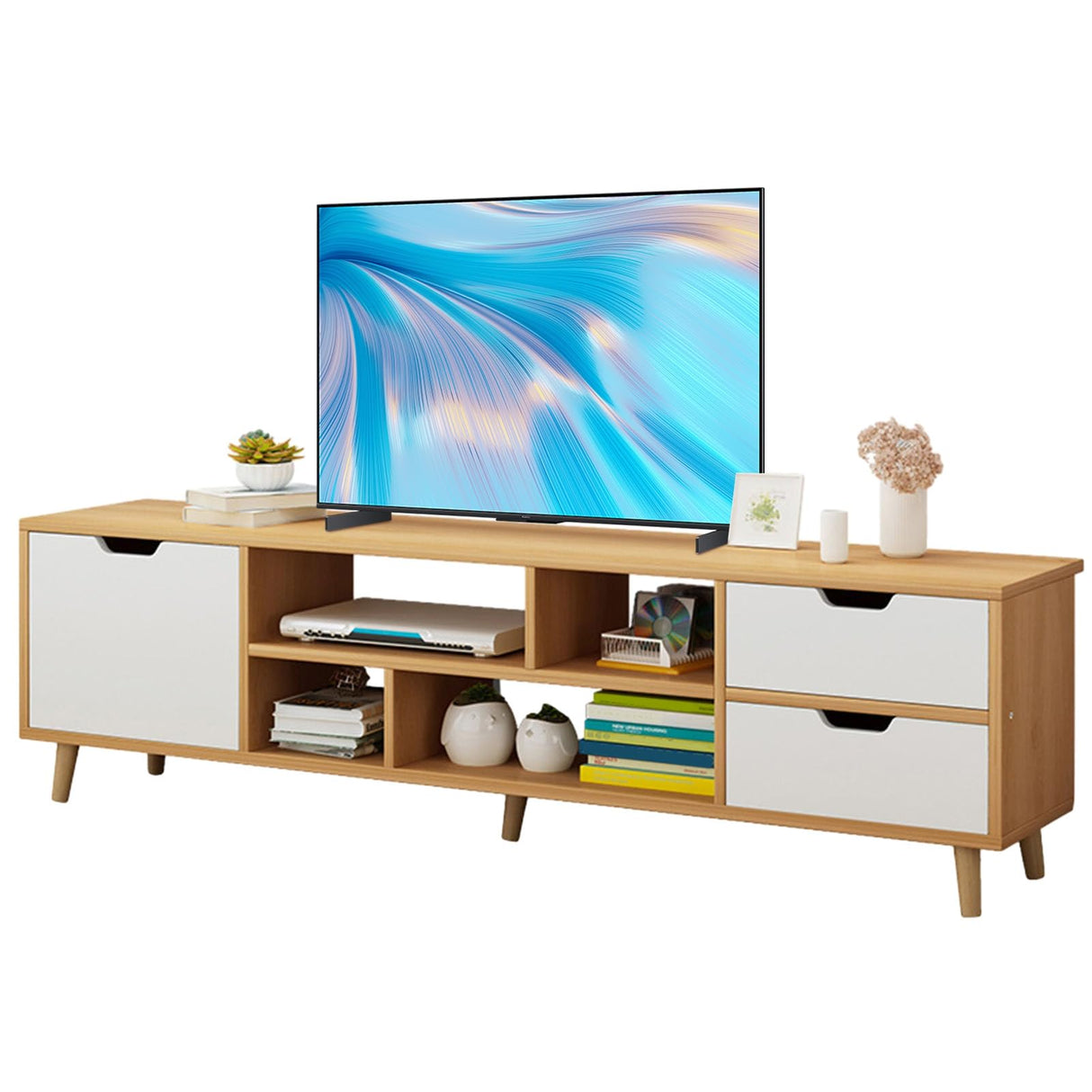 mufojyez TV Stand for 55 Inch TV, Modern TV Stands for Living Room, Entertainment Center with Storage with Door, Shelves & 3 Cabinets, TV and Media Consol for Living Room Bedroom Farmhouse White mufojyez