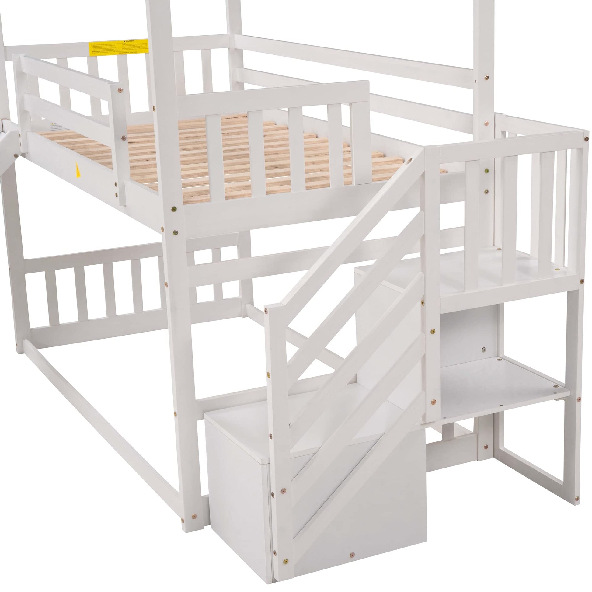 RuiSiSi Twin Over Twin Solid Wood Bunk Bed with Slide and Storage Staircase, White - WoodArtSupply