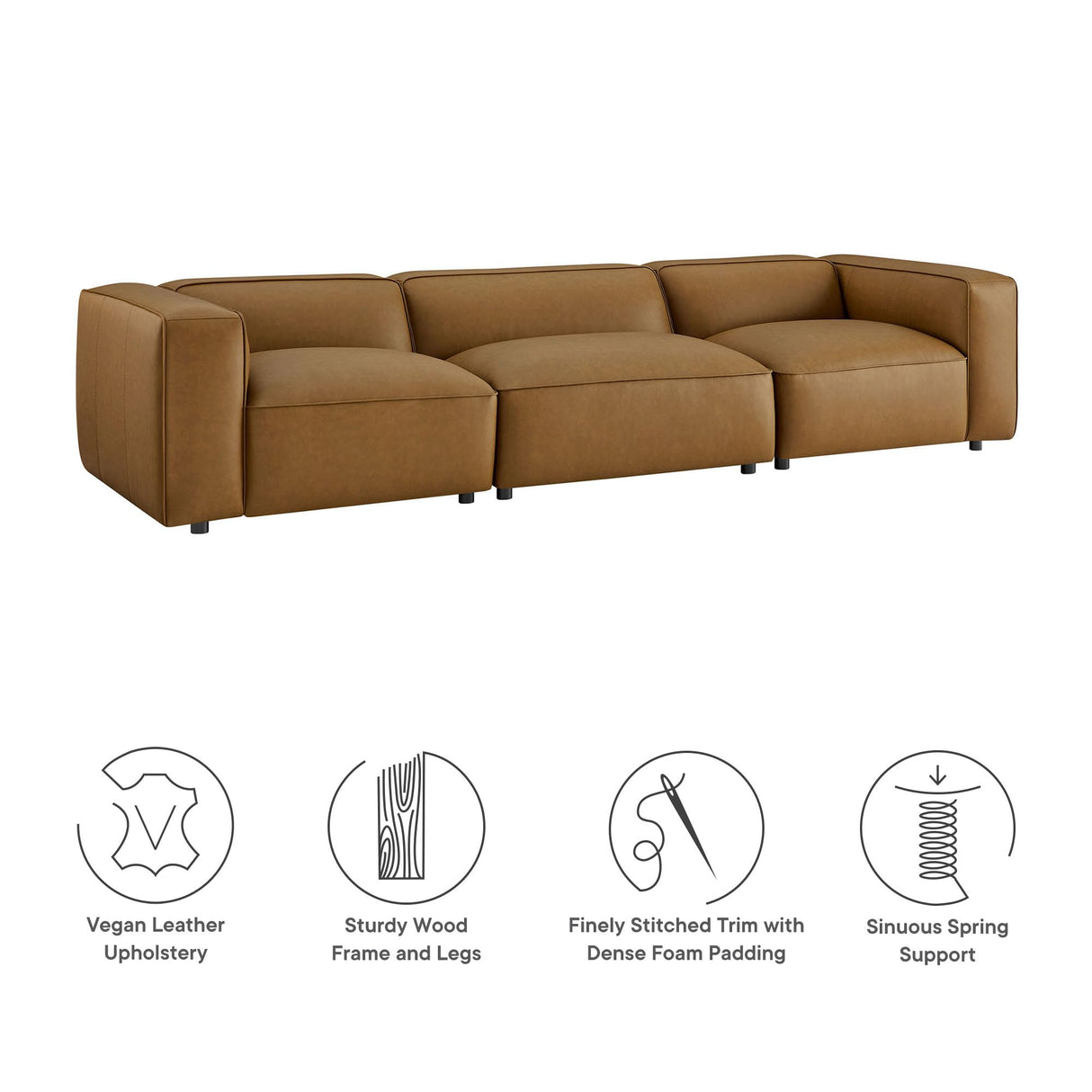 Modway Auren Vegan Leather 3 Piece Modular Sofa in Camel - Faux Leather 3 Seater Couch - Comfy Mid Century Modern PU Leather Sofa for Living Room, Apartment, Loft Modway