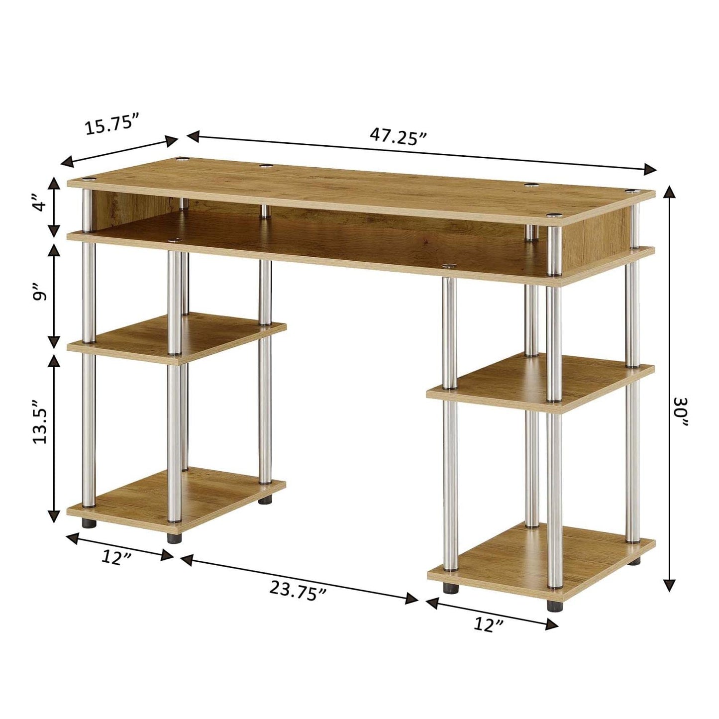 Convenience Concepts Designs2Go No Tools Student Contemporary Office Desk and Vanity with Shelves, 47.25" L x 15.75" W x 30" H, English Oak