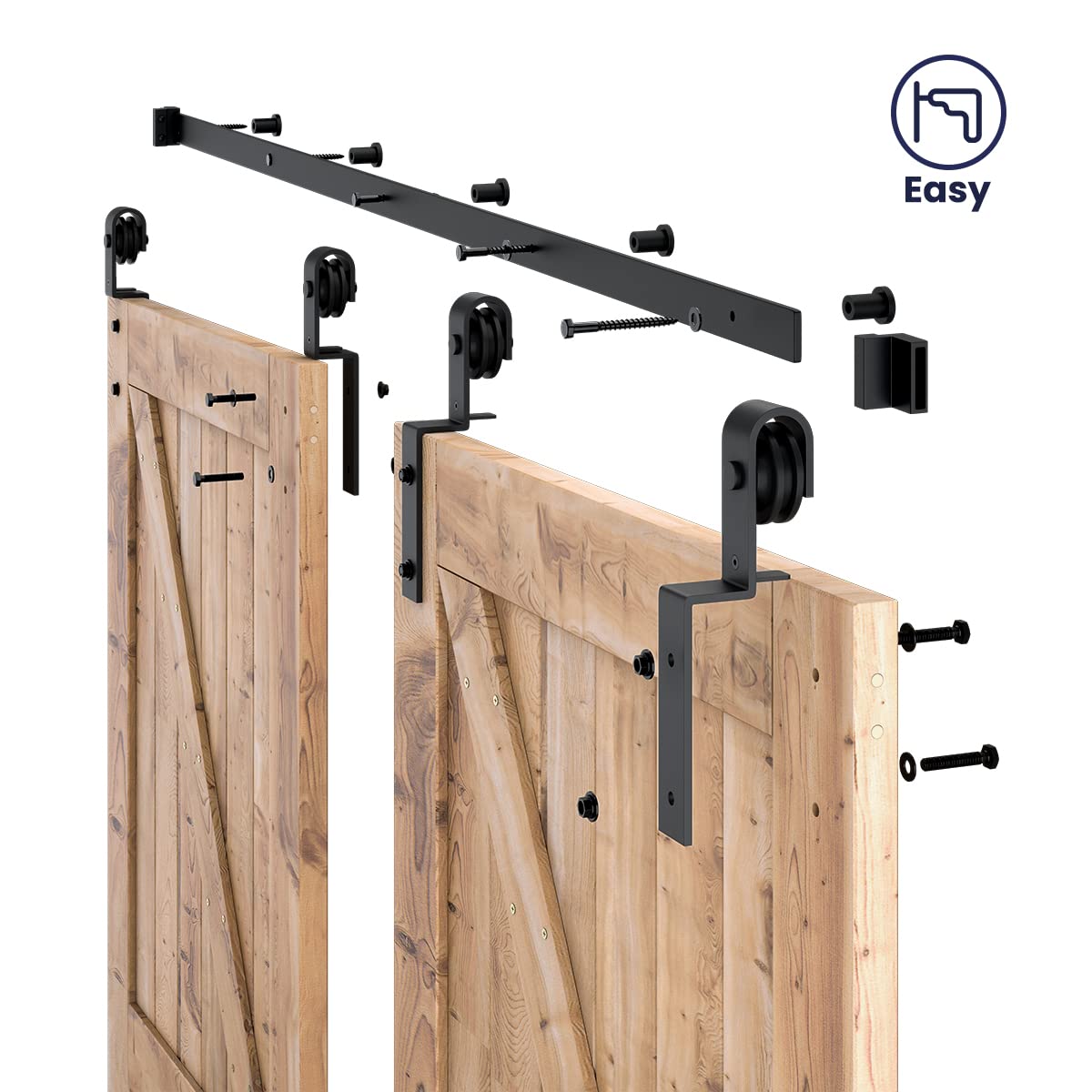 SMARTSTANDARD 6 Feet Bypass Sliding Barn Door Hardware Kit - for Double Wooden Doors-Single Track - Smoothly & Quietly - Easy to Install-Fit 60" Opening SMARTSTANDARD