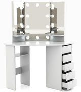 Corner Makeup Vanity Desk with Mirror and Lights - White Vanity Table with 3 Lighted Mirrors 5 Drawers Bedroom Makeup Table with Storage Shelf 44'' Dressing Table for Women Girls Soldow
