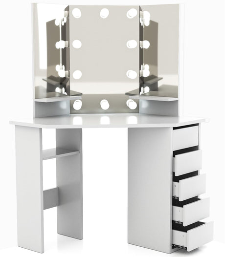 Corner Makeup Vanity Desk with Mirror and Lights - White Vanity Table with 3 Lighted Mirrors 5 Drawers Bedroom Makeup Table with Storage Shelf 44'' Dressing Table for Women Girls Soldow