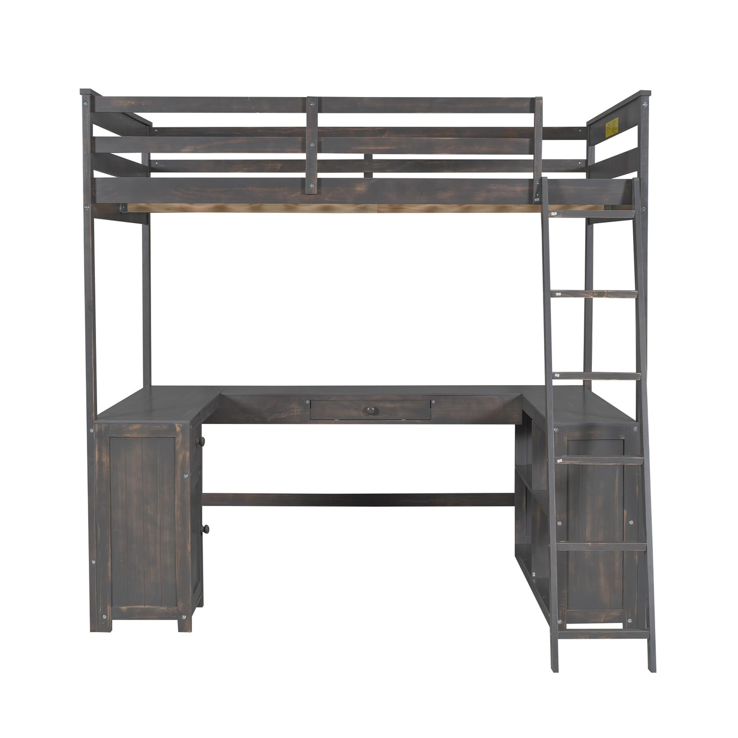 MiHunnor Antique Brown Full Size Loft Bed with U-Shaped Desk and Storage Solutions - WoodArtSupply