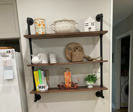 Industrial Pipe Wall Shelves with Real Wood Plank ,36 Inches Floating Shelves for Wall Farmhouse Book Shelves Dark Brown 3 Tier for Kitchen,Living Room Decor and Bar Shelving ROGMARS