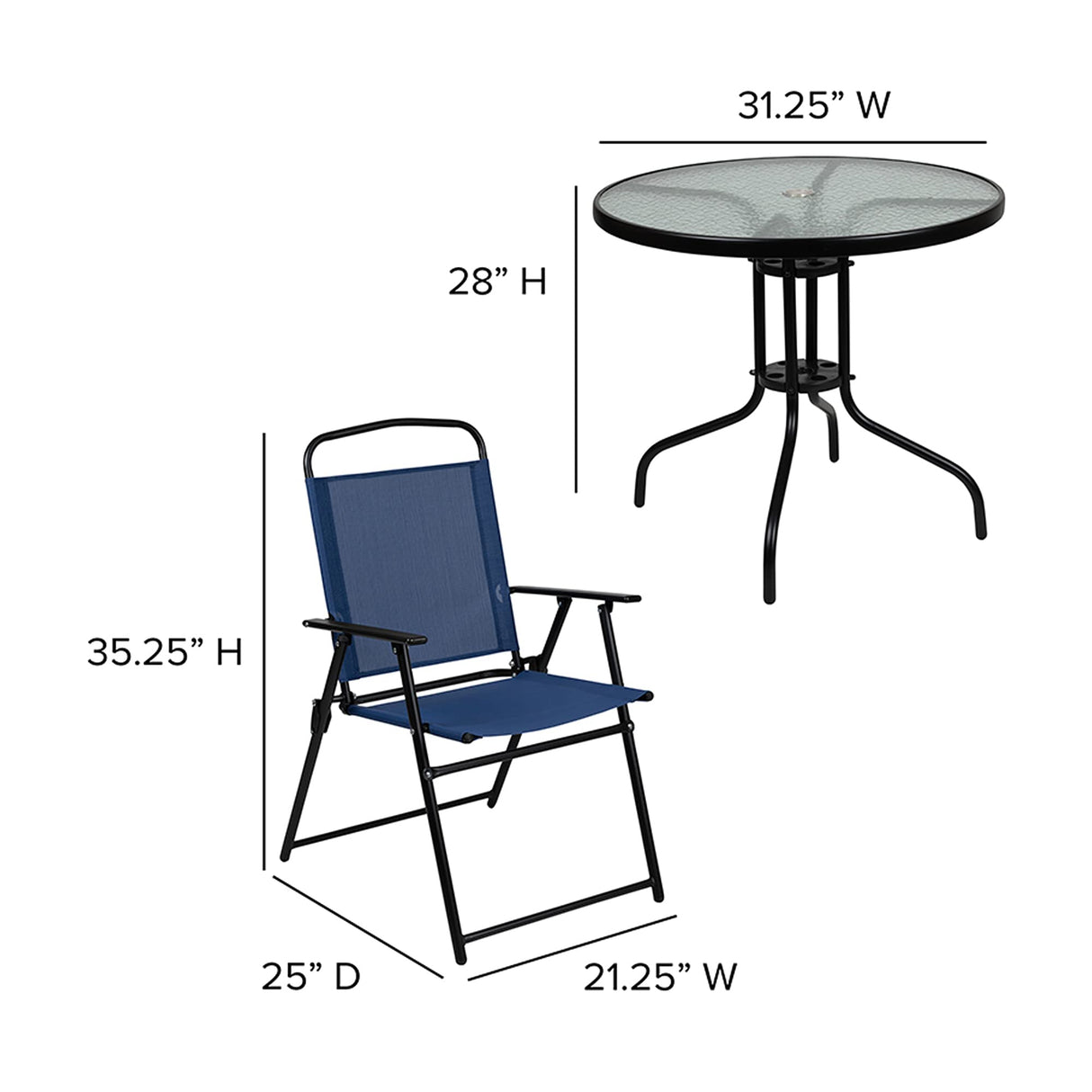 Flash Furniture Nantucket 6-Piece Patio Dining Set with Glass Table, 4 Folding Chairs, and Umbrella, Outdoor Patio Table, Chairs, Umbrella Set, Navy Flash Furniture