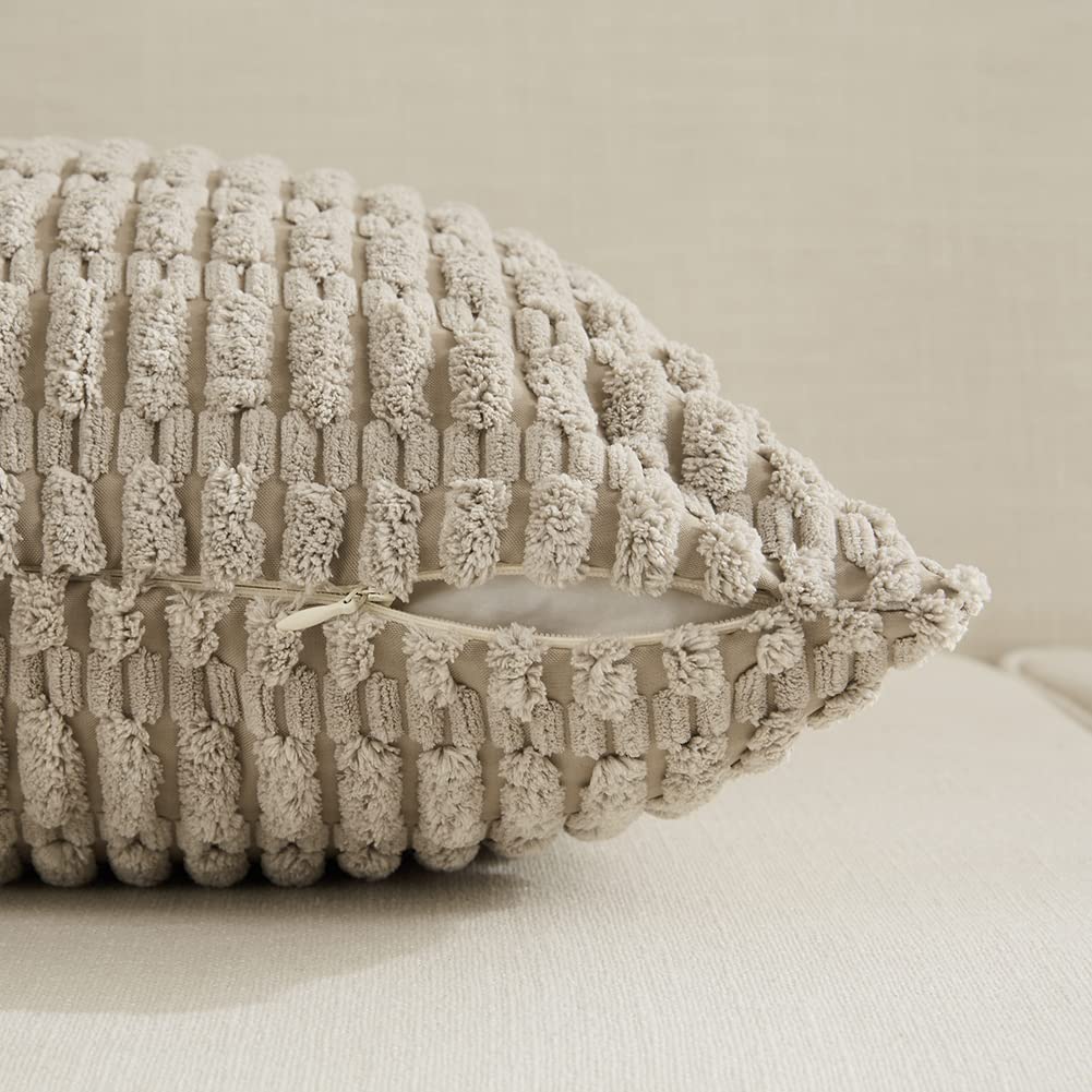 Fancy Homi Set of 4 Grey and White Decorative Throw Pillow Covers 18x18 Inch for Couch Bed Chair, Modern Farmhouse Boho Room Decor, Soft Fuzzy Double Sided Corduroy Textured Striped Cushion Case 45cm Fancy Homi