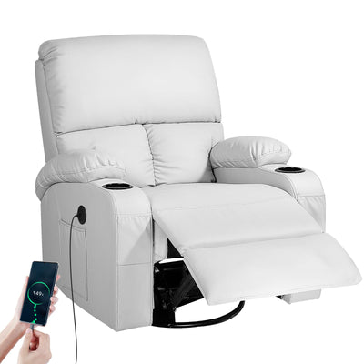 LAFWELL Rocking Recliner Chair, Massage Rocker Recliner Chair with Vibration Massage and Heat, USB and Type-C Ports,360° Swivel Faux Leather Chairs, Living Room, Bedroom, Nursery, RV, Light Grey