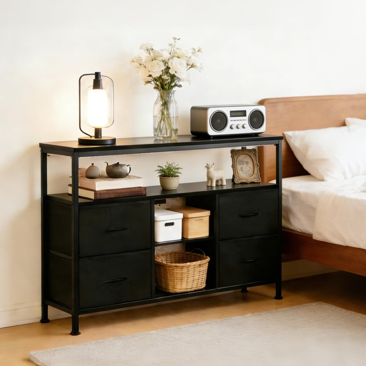 SageNest TV Stand Dresser for Bedroom, Entertainment Center for TV up to 50 inch with LED Lights & Charging Station, Media Console with 4 Fabric Drawers and Open Storage Shelves for Living Room, Black SageNest