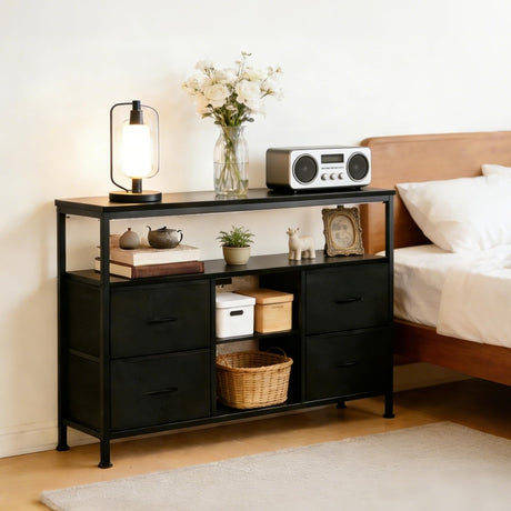 SageNest TV Stand Dresser for Bedroom, Entertainment Center for TV up to 50 inch with LED Lights & Charging Station, Media Console with 4 Fabric Drawers and Open Storage Shelves for Living Room, Black SageNest