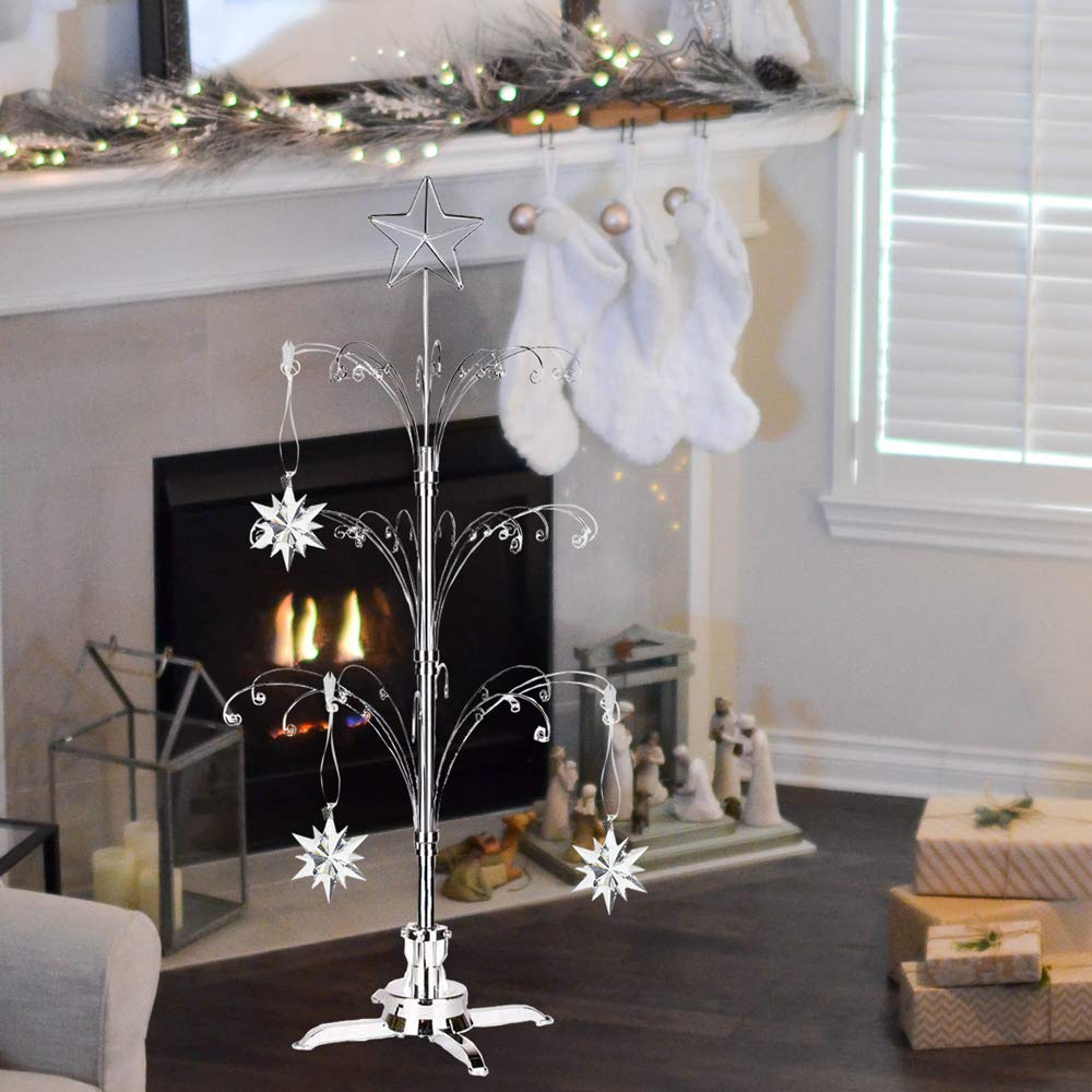 HOHIYA 47 Inch Ornament Display Tree Metal Christmas Stand Rotating Chrome Silver 60 Hooks Hanger Wire Hanging for Swarovski 2024 Crystal Glass Decorations Gift Taiwan Made HOHIYA