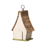 Glitzhome 9.5" H Hanging Bird House Distressed Solid Wood Decorative Outdoor Garden Birdhouse with Natural Wood Pallet Roof and 3D Tree,Washed White Glitzhome