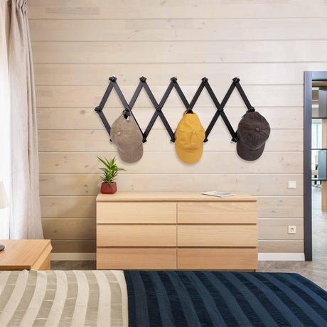 SCUNDA Accordion Wall Hanger with 16 Hooks, Wooden Wall Expandable Coat Rack for Coat, Hats, Baseball Caps, Coffee Mug, Jewelry(Black) SCUNDA