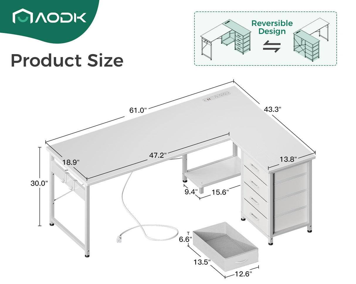 AODK L Shaped Desk with 4 Tier Drawers, 61" Reversible Gaming Desk with Power Outlets, L Shaped Computer Desk with USB Charging Port and Host Stand, Home Office Corner Desk, Easy to Assemble, White AODK