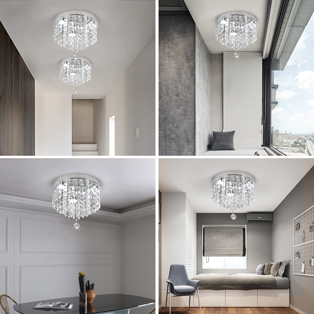 Deckrico Crystal Chandelier Modern Led Ceiling Light Flush Mount Stainless Steel Fixture Beaded Light Shade for Bedroom Dining Room Hallway Porch (White Light) Deckrico