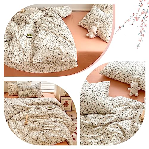 Aesthetic Floral Duvet Cover King Cozy Cotton Bedding Set King Shabby Chic Green Botanical French Style Duvet Cover Set Off White Comforter Cover with Fresh Flower Pattern, Breathable, Lightweight MOTNTD