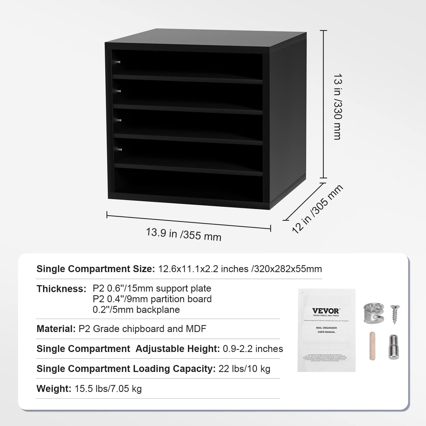 VEVOR Literature Organizers, 5 Compartments Office Mailbox with Adjustable Shelves, Wood Literature Sorter 13.9x12x13 inches for Office, Home, Classroom, Mailrooms Organization, EPA Certified - WoodArtSupply