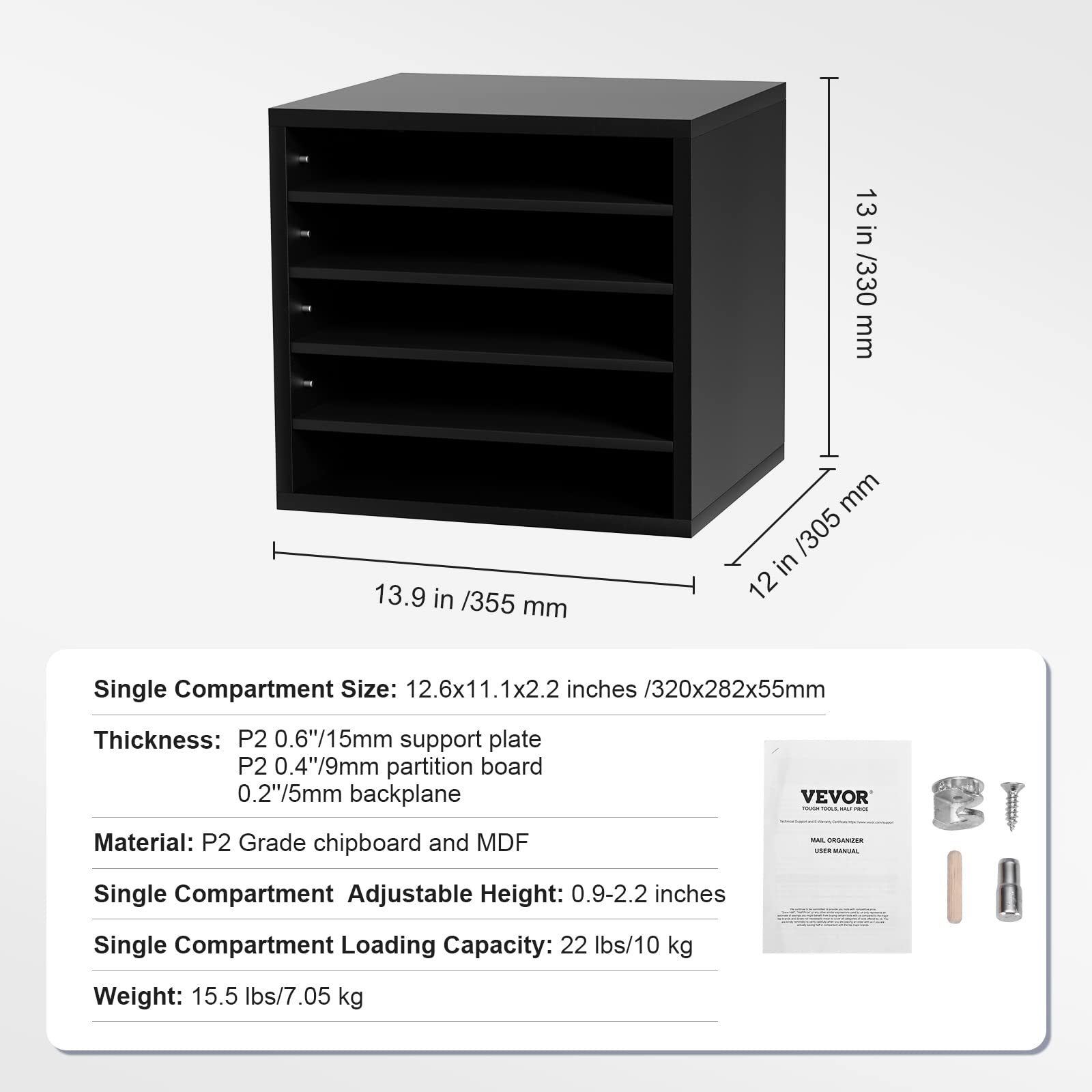 VEVOR Literature Organizers, 5 Compartments Office Mailbox with Adjustable Shelves, Wood Literature Sorter 13.9x12x13 inches for Office, Home, Classroom, Mailrooms Organization, EPA Certified - WoodArtSupply