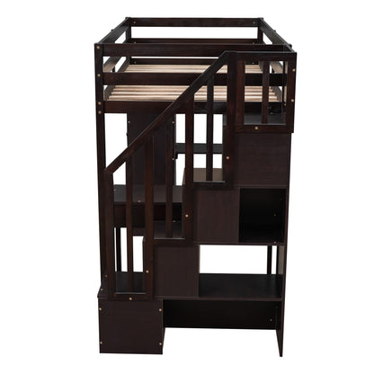 CITYLIGHT Espresso Twin Size Loft Bed with Desk, Storage Staircase, and Drawers - WoodArtSupply