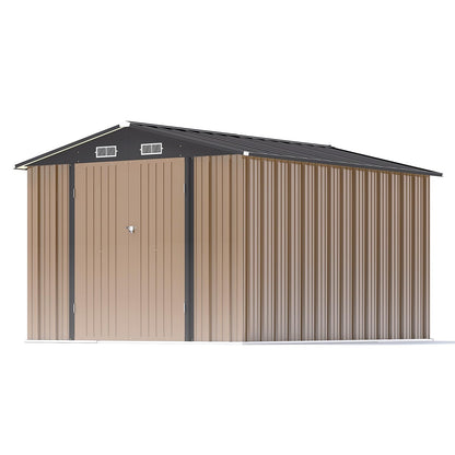 Patiowell 8x10 FT Outdoor Storage Shed, Large Garden Tool Metal Shed with Sloping Roof and Double Lockable Door, Outdoor Shed for Backyard Garden Patio Lawn, Brown - WoodArtSupply