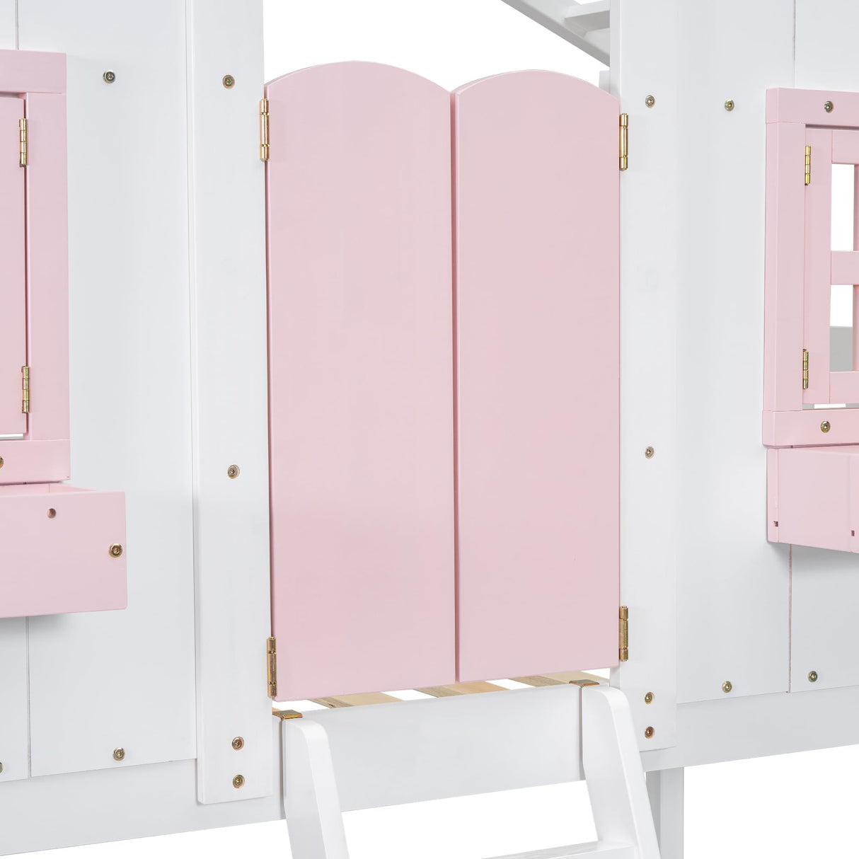 Bellemave Twin Over Twin House Bunk Bed, Wood Bunk Beds with Roof, Windows, Window Box and Small Door, Floor Bunk Beds with Ladder and Guard Rails for Kids (Pink+White) Bellemave