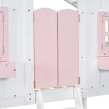 Bellemave Twin Over Twin House Bunk Bed, Wood Bunk Beds with Roof, Windows, Window Box and Small Door, Floor Bunk Beds with Ladder and Guard Rails for Kids (Pink+White) Bellemave