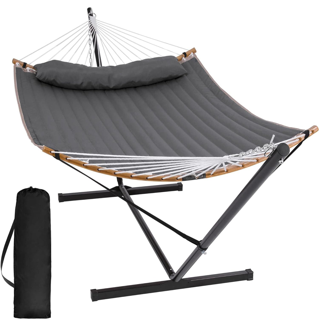SUNCREAT Double Portable Hammock with Stand, 2 Person Hammock with Curved Spreader Bar, Balance Ropes Included, Dark Gray SUNCREAT