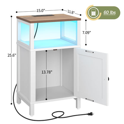 Yoobure Farmhouse Nightstand with Charging Station, Wood Night Stand End Table with USB Ports, LED Bed Side Table with Storage Cabinet, Bedside Table for Bedroom, Living Room White