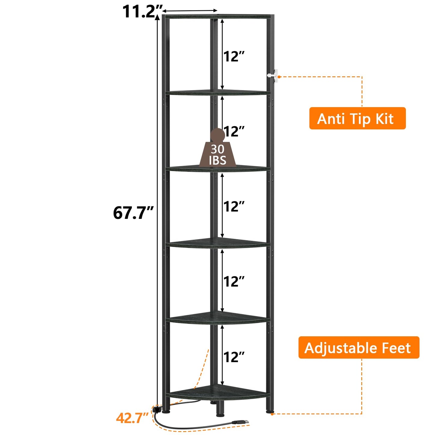 Furnulem 6 Tier LED Corner Shelf - 67.5” Tall Black Oak Storage and Display Unit - WoodArtSupply