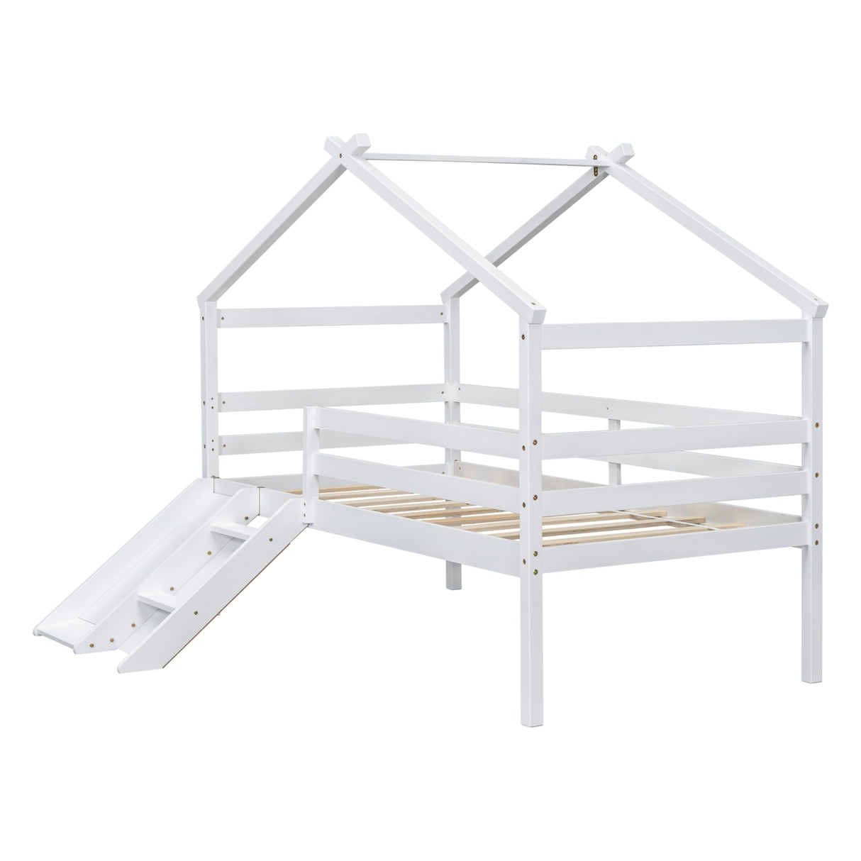 PVWIIK Twin Size Low Loft Bed with Slide for Kids,Girls,Boys Bedroom,Wood House Roof Frame with Inclined Ladder,Easy to Assemble,Under Bed Storage,No Box Spring Needed,White PVWIIK