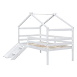 PVWIIK Twin Size Low Loft Bed with Slide for Kids,Girls,Boys Bedroom,Wood House Roof Frame with Inclined Ladder,Easy to Assemble,Under Bed Storage,No Box Spring Needed,White PVWIIK