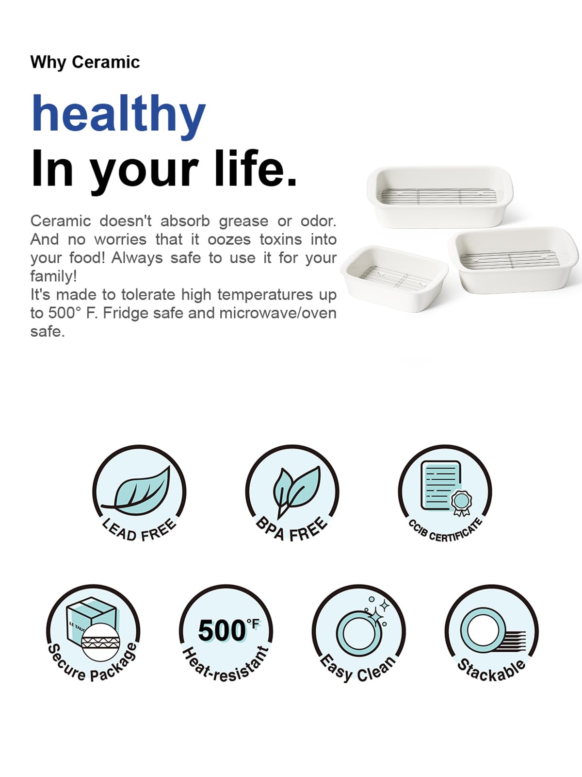 LE TAUCI Deep Casserole Dishes for Oven, 13.7”x9.6” Ceramic Baking Dish Set with Roasting Racks, Large Lasagna Pans with Handles, Rectangular Bakeware as Gift, White (4.6QT/3.0QT/1.6QT), Set of 3 LE TAUCI