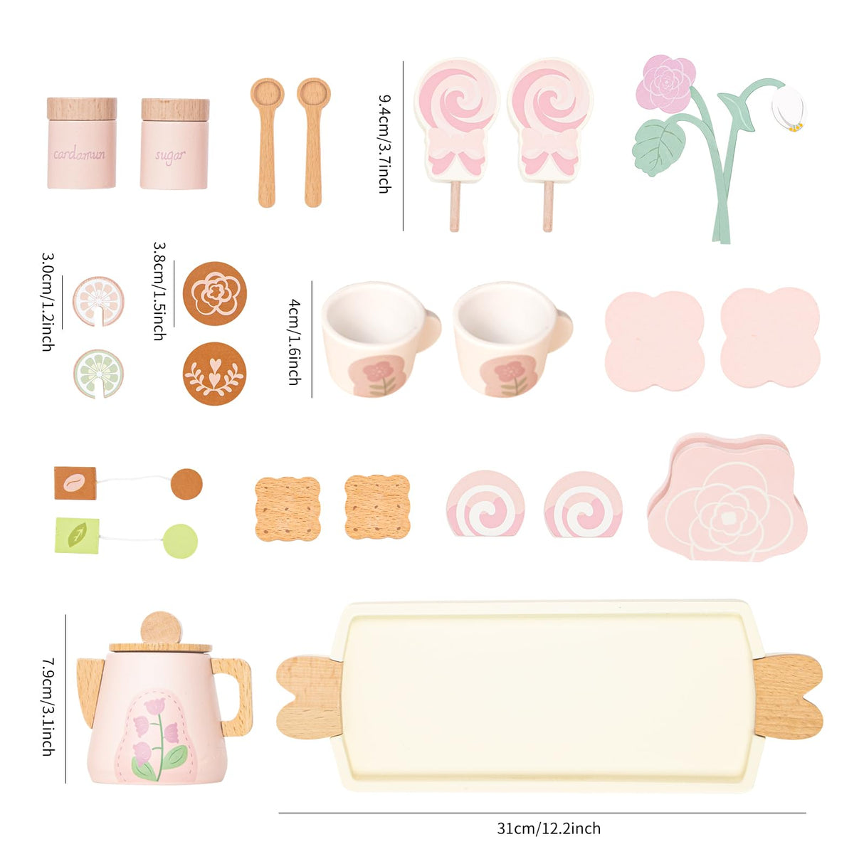 Smartwo Wooden Tea Set for Little Girls, 26 PCS Play Kitchen Accessories for Toddlers Princess Tea Party with Play Food, Pretend Play Tea Set Toy for Kids 1 2 3, Improve Imagination and Social Skills Smartwo