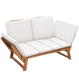 Devoko Outdoor Couch Acacia Wood Patio Couch with Adjustable Armrests, Outdoor Convertible Sofa with Removable Cushions & Pillows for Patio, Porch, Poolside(White) Devoko