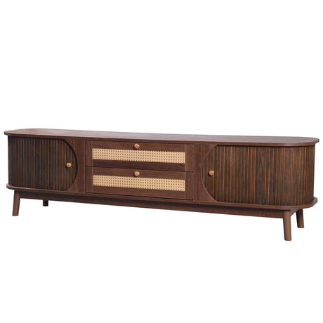 Rattan TV Stand for TVs up to 75'', Farmhouse Media Console with 2 Drawers and Storage Cabinet, Entertainment Center with Solid Wood Legs, TV Cabinet JIVOIT