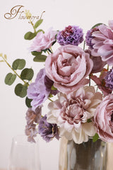 Floweroyal Artificial Flowers Combo Purple Flowers Mix Silk Flowers Dahlia Roses with Stems for DIY Wedding Bridal Bouquets, Baby Shower, Floral Arrangement, Table Centerpieces, Home Decorations. Floweroyal