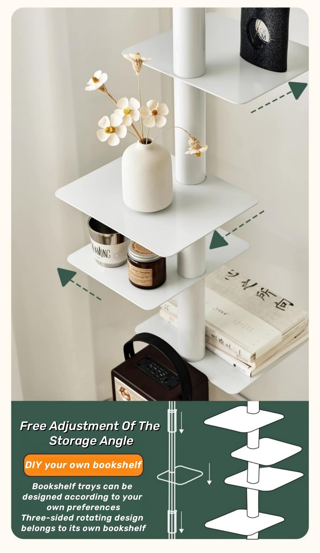 Quooyong 9-Tier Spine Bookshelf Metal Bookcase 5 Colors Vertical Bookshelf Tower Rotating Tall Narrow Book Shelf Ladder Book Rack Indoor (Green) Quooyong