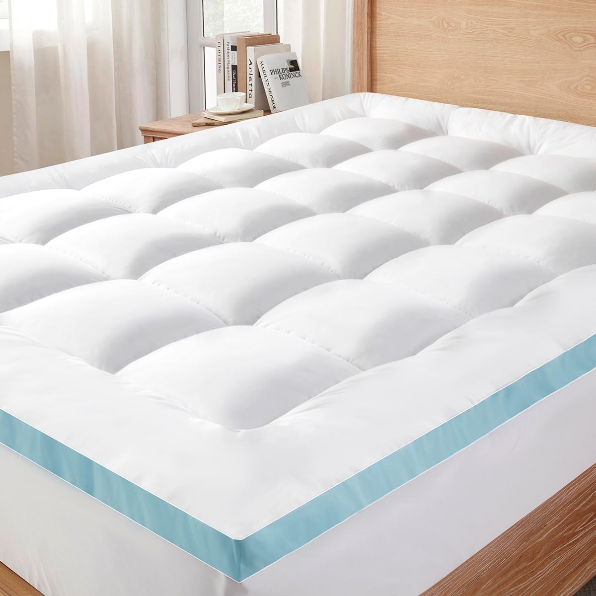 STWIENER King Mattress Topper, Pillow Top Mattress Topper for Back Pain Relief, Extra Thick Mattress Pad Deep Pockets for 8"-21", Soft Down Alternative Fill Mattress Protector, Blue Stripe STWIENER